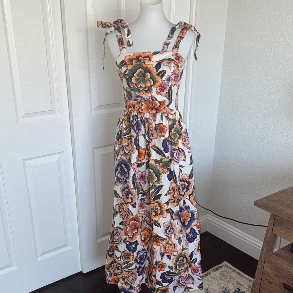 Rachel Zoe White Floral Maxi Dress with Orange, Green & Blue Accents